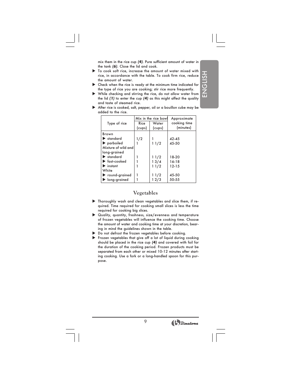 English, Vegetables | Binatone MRFP-8810 D User Manual | Page 9 / 72
