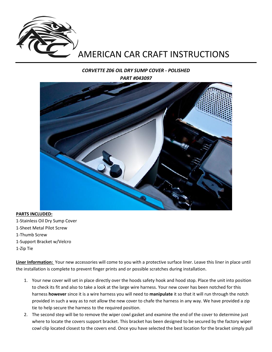 American Car Craft Corvette Dry Sump Oil Tank Cover Polished 2006-2013 Z06+GS only User Manual | 2 pages