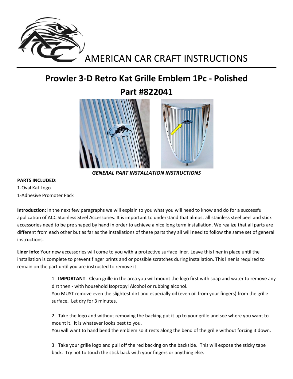 American Car Craft Prowler Front Grille Emblem Retro Kat Logo Polished 1Pc 1997-2002 User Manual | 2 pages