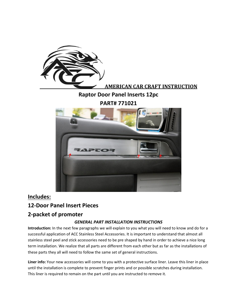 American Car Craft Ford Raptor Door Panel Inserts 12Pc Brushed 2010-2013 User Manual | 2 pages