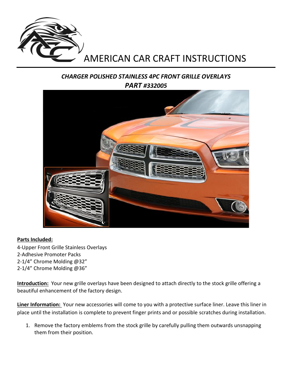 American Car Craft Dodge Charger Upper Polished Stainless 4Pc Front Grille Overlays 2011-2013 User Manual | 2 pages