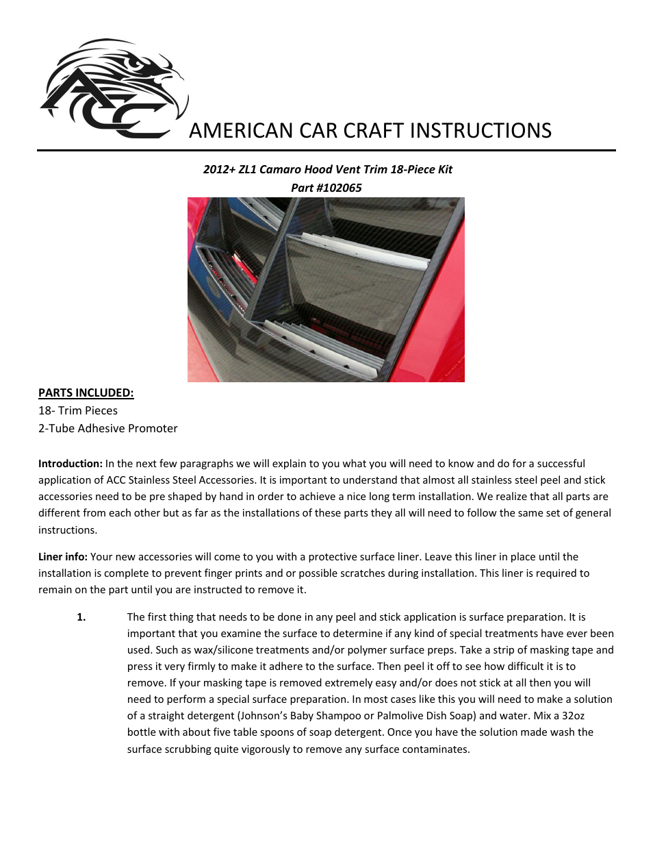 American Car Craft Camaro Hood Vent Trim Kit 18Pc Brushed 2012-2013 ZL1 only User Manual | 2 pages