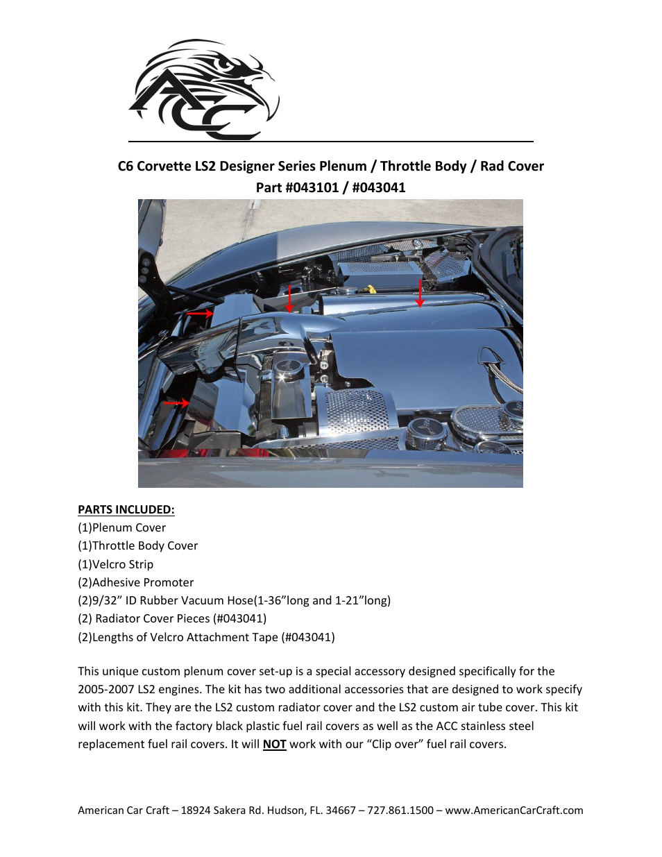 American Car Craft Corvette Plenum_Throttle Body_Radiator Cover 4Pc Designer Series 2005-2007 C6 User Manual | 5 pages