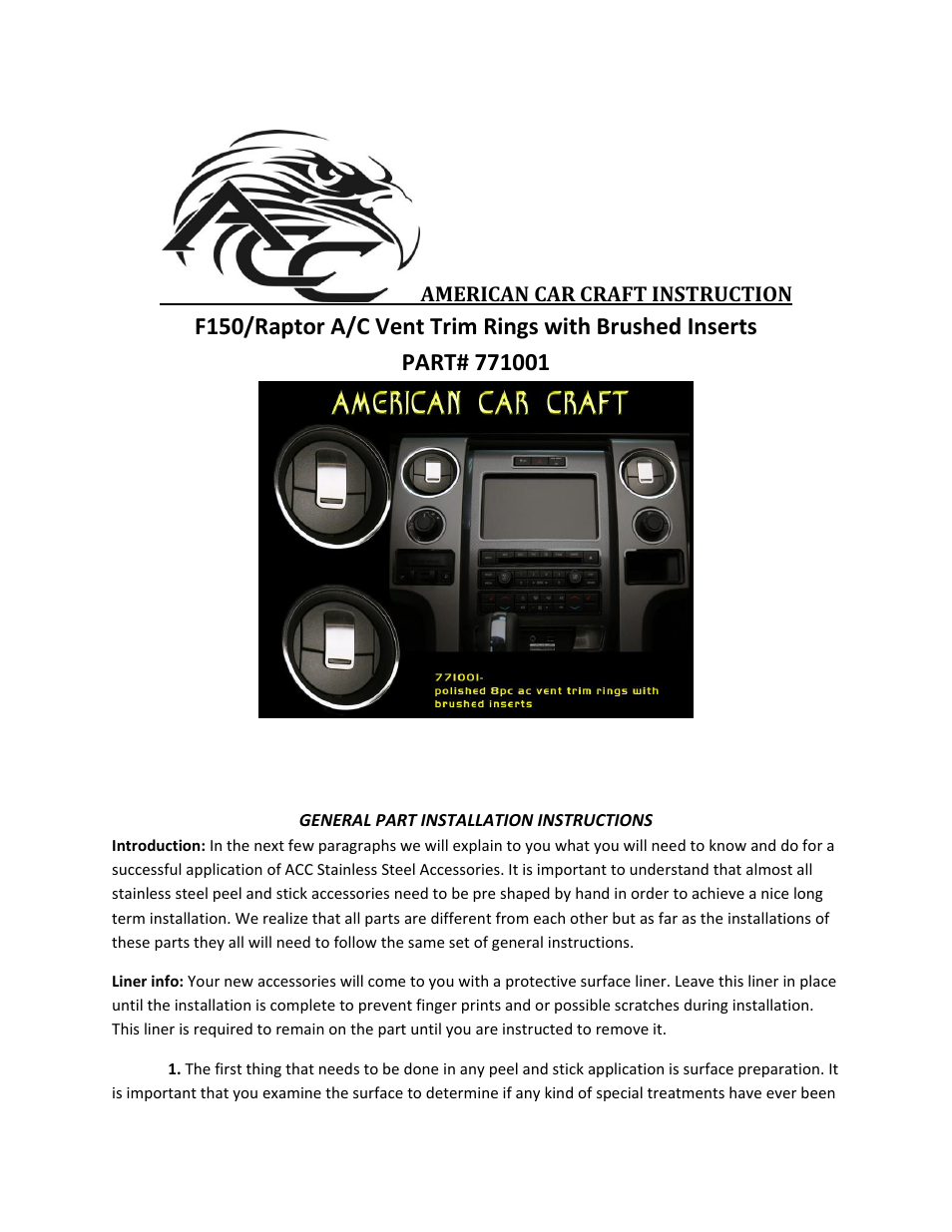 American Car Craft Ford F150_Raptor A_C Front Vent Trim Rings 8Pc Polished_Brushed 2009-2013 User Manual | 2 pages