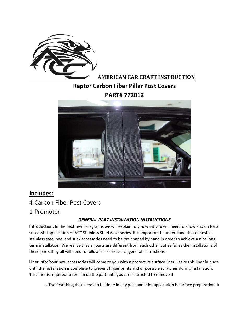 American Car Craft Ford F150_Raptor Pillar Post Carbon Fiber Wrap 4Pc 2009-2013 User Manual | 2 pages