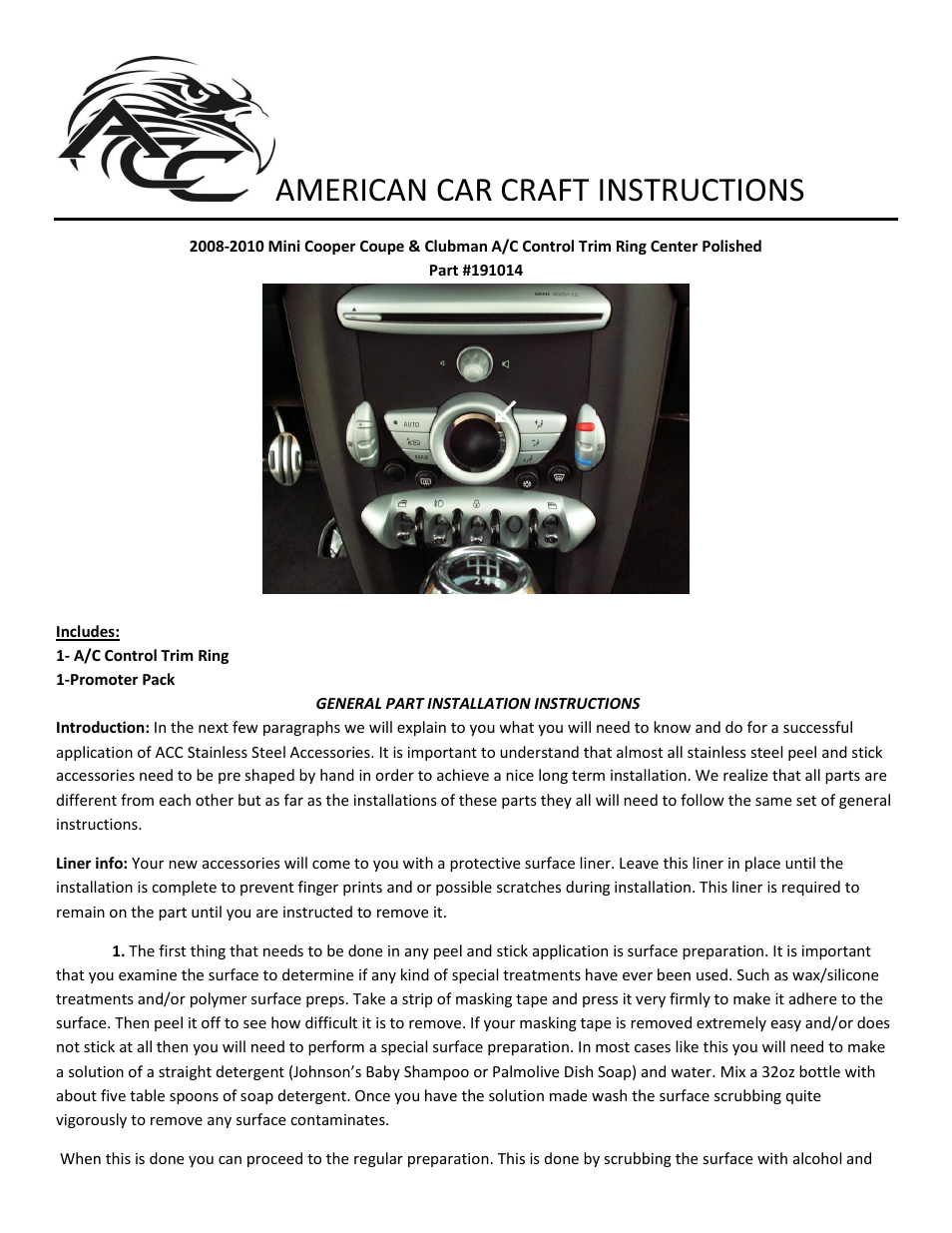 American Car Craft Mini Cooper Coupe & Clubman A_C Control Trim Ring Center Polished 2008-2010 User Manual | 2 pages