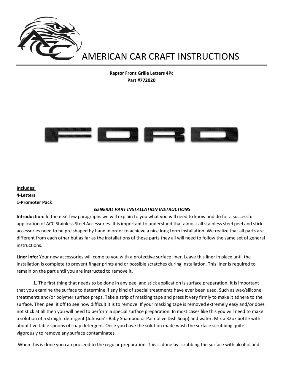 American Car Craft Ford Raptor Front Grille Letter Set 4Pc Carbon Fiber Wrapped 2010-2013 User Manual | 2 pages