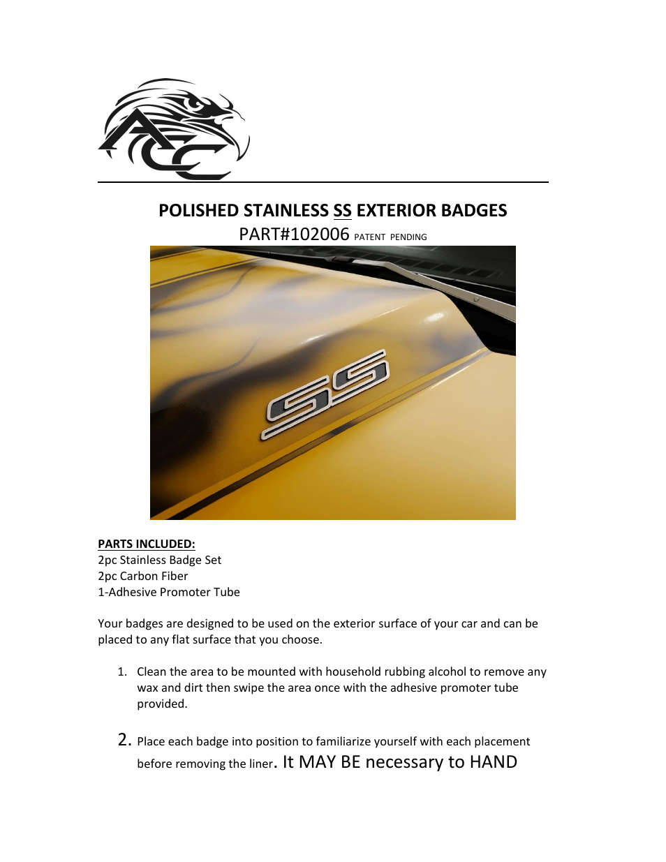 American Car Craft Camaro Exterior Badges Polished_Carbon Fiber "SS 2Pc 2010-2013" User Manual | 2 pages