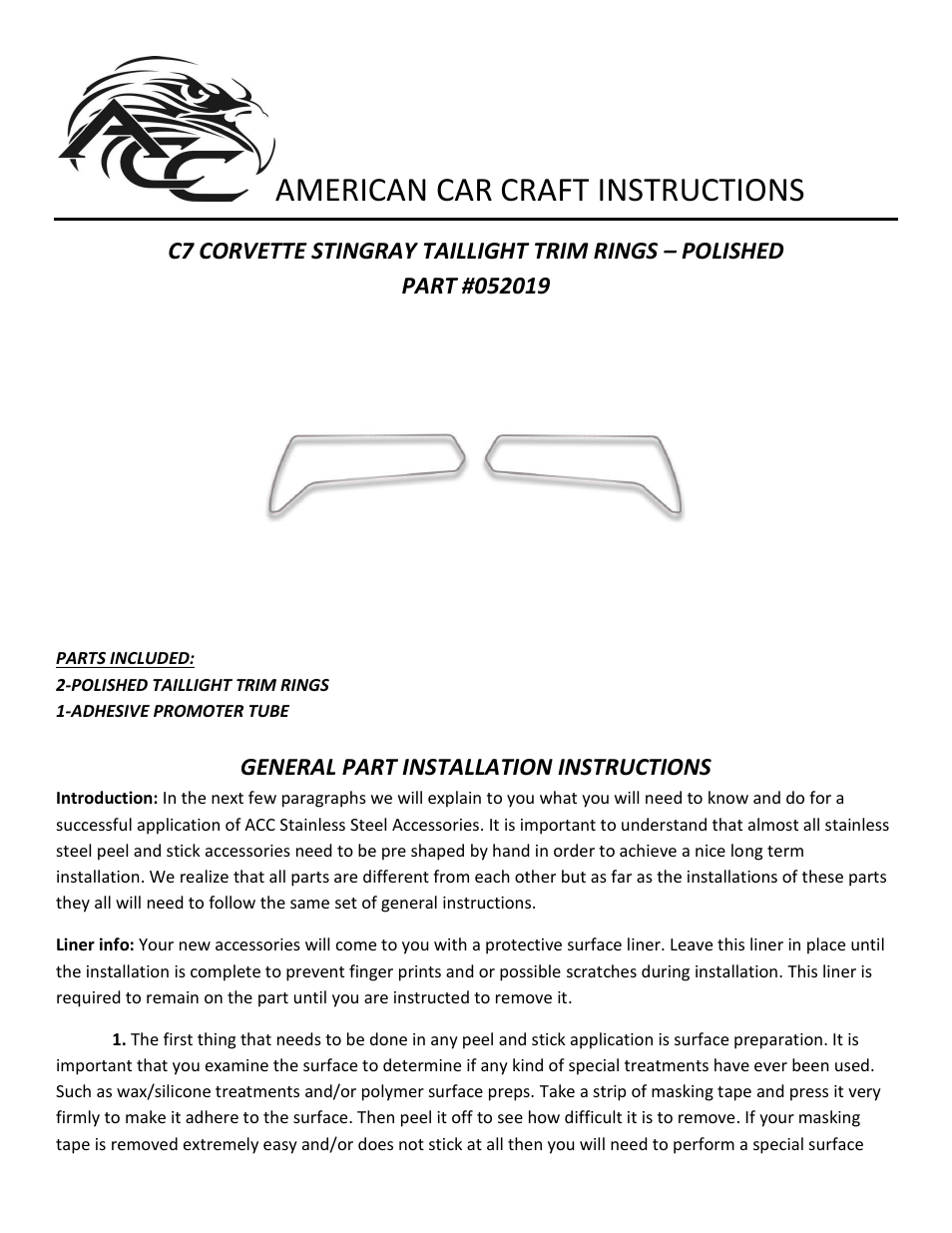 American Car Craft Corvette Stingray Taillight Trim Ring 2Pc Polished 2014+ C7 User Manual | 3 pages