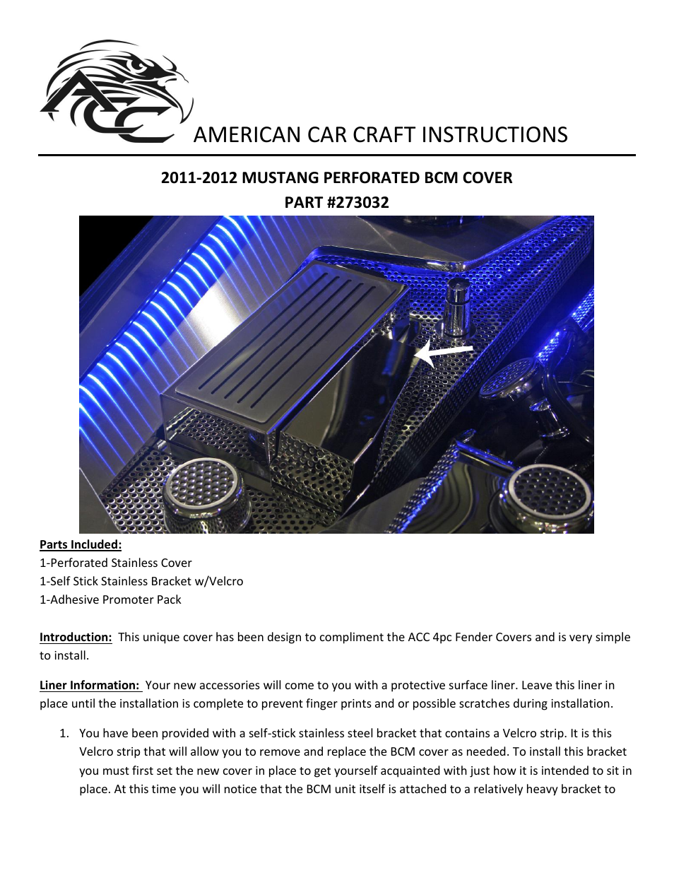 American Car Craft Mustang BCM Cover Perforated V8 & GT 5.0 2011-2012 User Manual | 2 pages