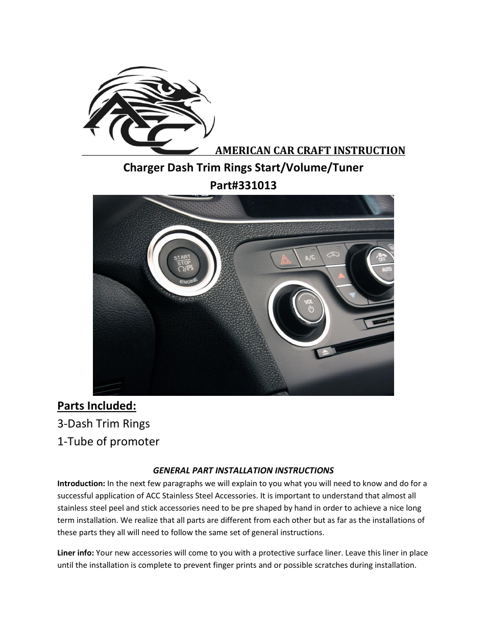 American Car Craft Dodge Charger Dash Trim Rings Polished 3Pc 2011-2013 User Manual | 2 pages