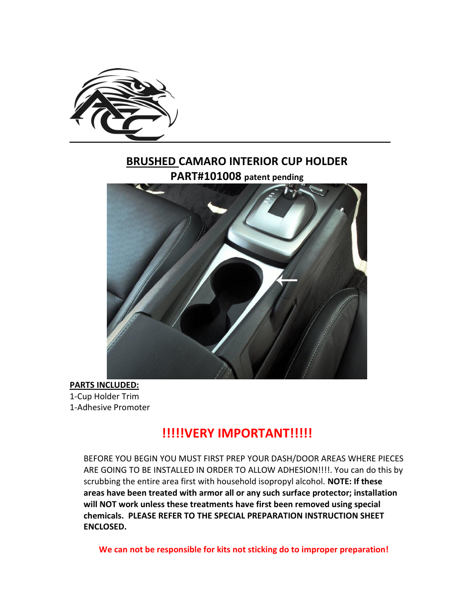 American Car Craft Camaro Cup Holder Trim Plate Brushed 2010-2013 User Manual | 2 pages