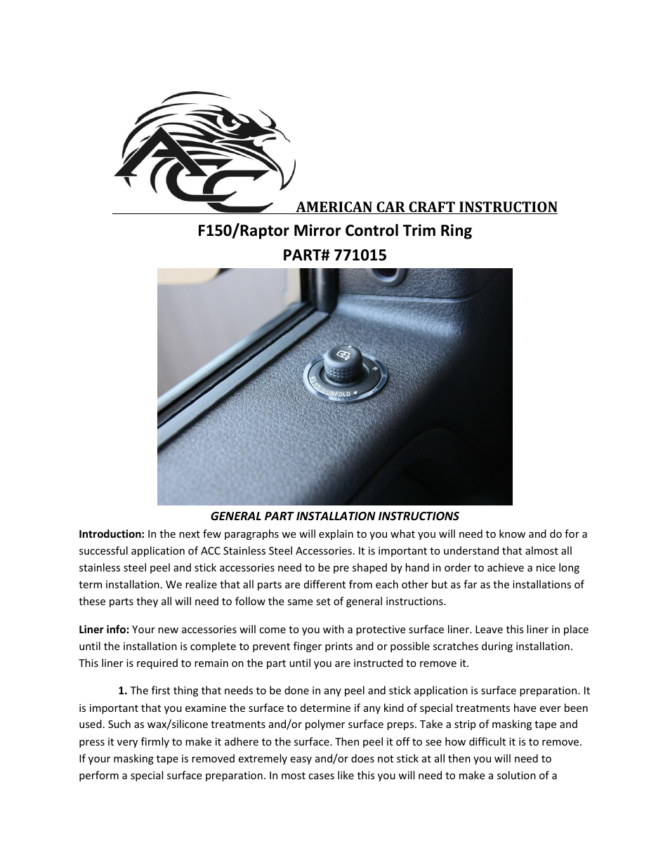 American Car Craft Ford F150_Raptor Mirror Control Trim Ring Brushed 2009-2013 User Manual | 2 pages