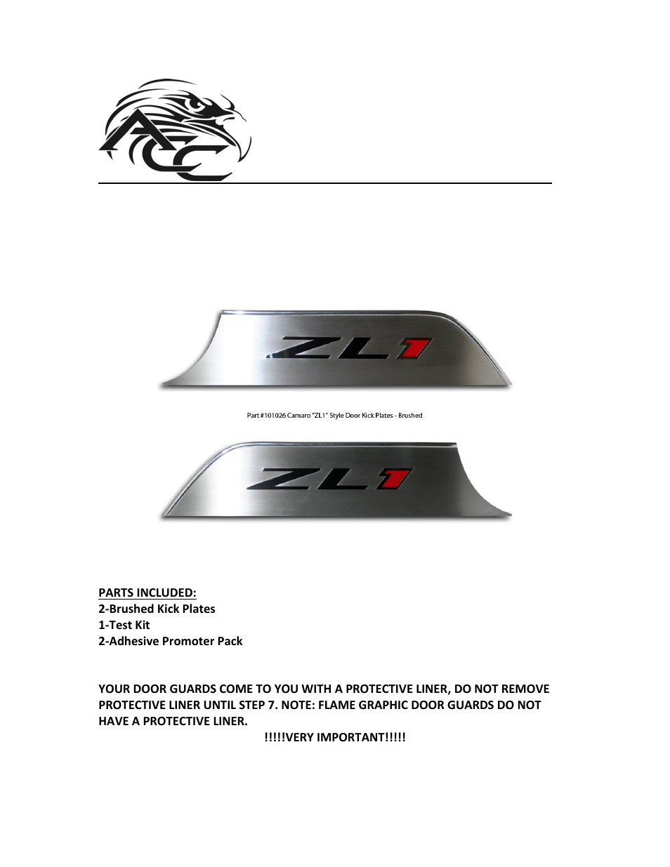 American Car Craft Camaro Door Panel Kick Plates "ZL1 Style Brushed 2Pc 2012-2013" User Manual | 3 pages
