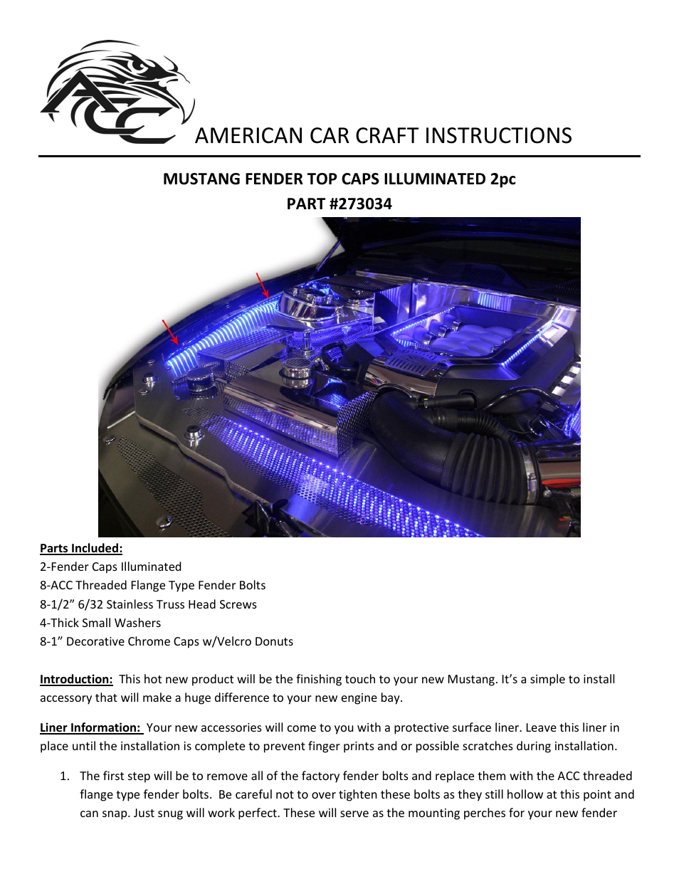 American Car Craft Mustang Fender Top Caps Polished Illuminated V8 & GT 5.0 2011-2012 User Manual | 2 pages