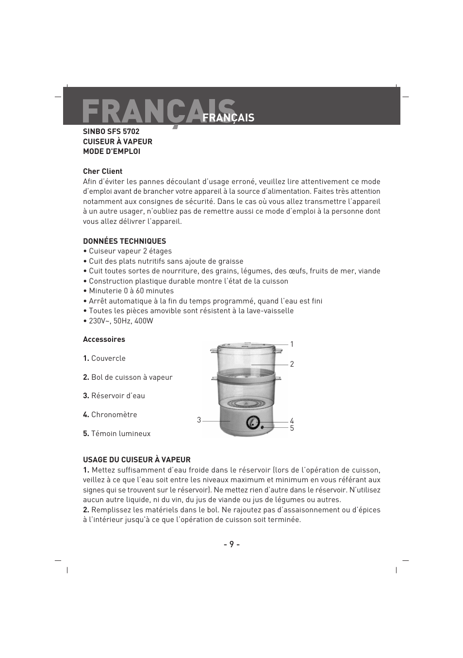 Français | SINBO SFS 5702 User Manual | Page 10 / 35