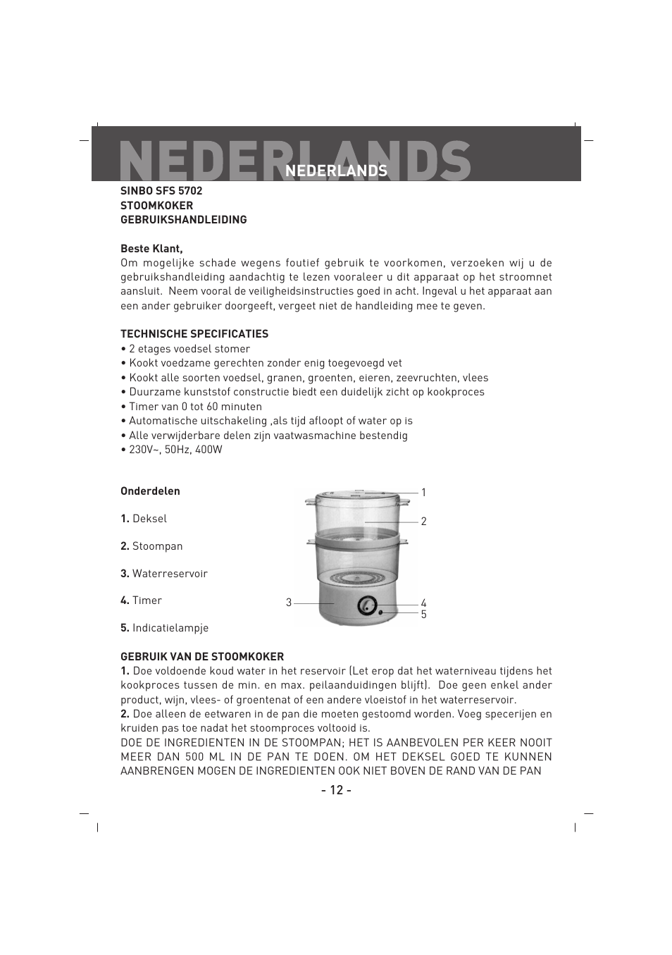 Nederlands | SINBO SFS 5702 User Manual | Page 13 / 35