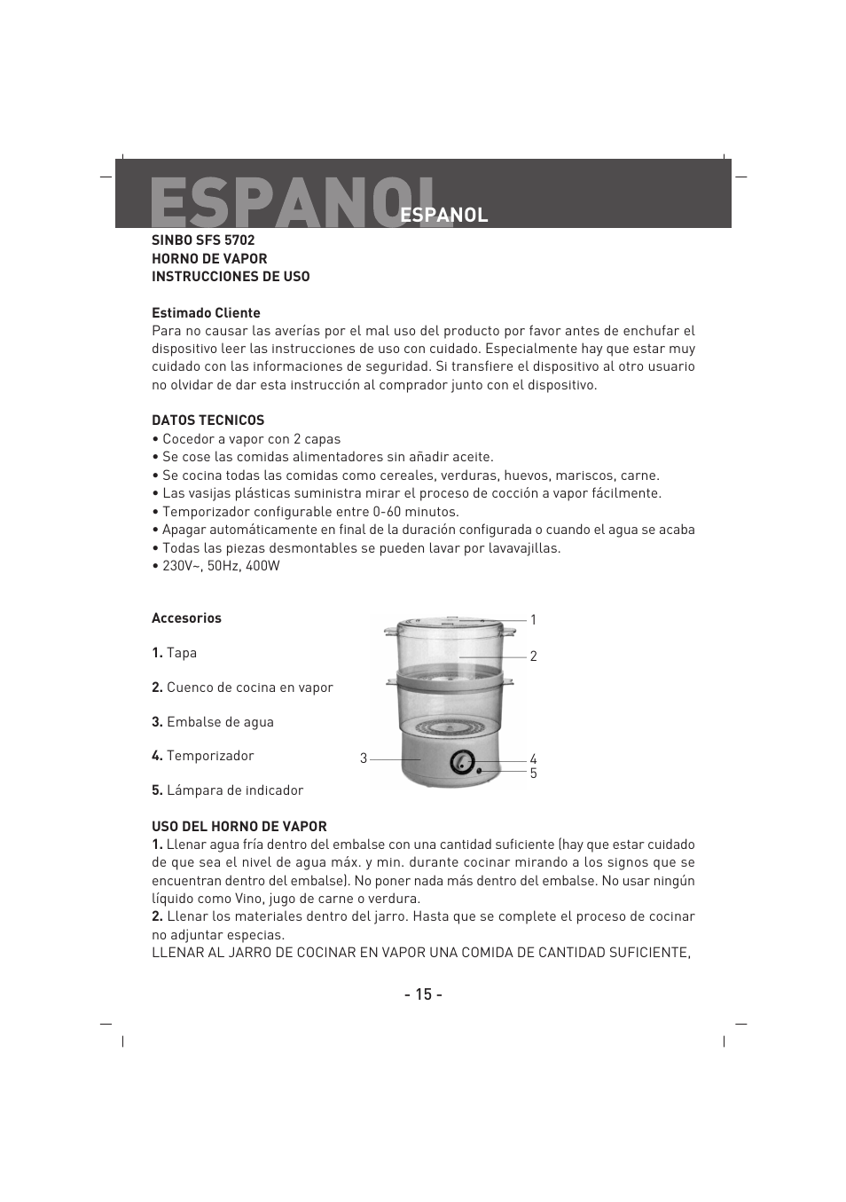Espanol | SINBO SFS 5702 User Manual | Page 16 / 35
