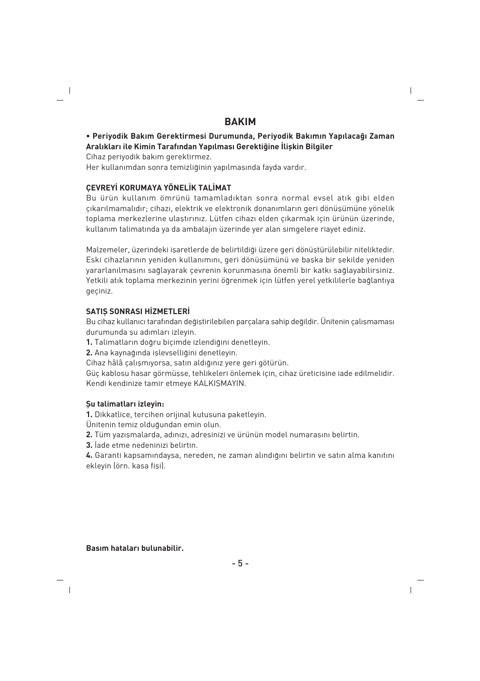 Bakim | SINBO SFS 5702 User Manual | Page 6 / 35