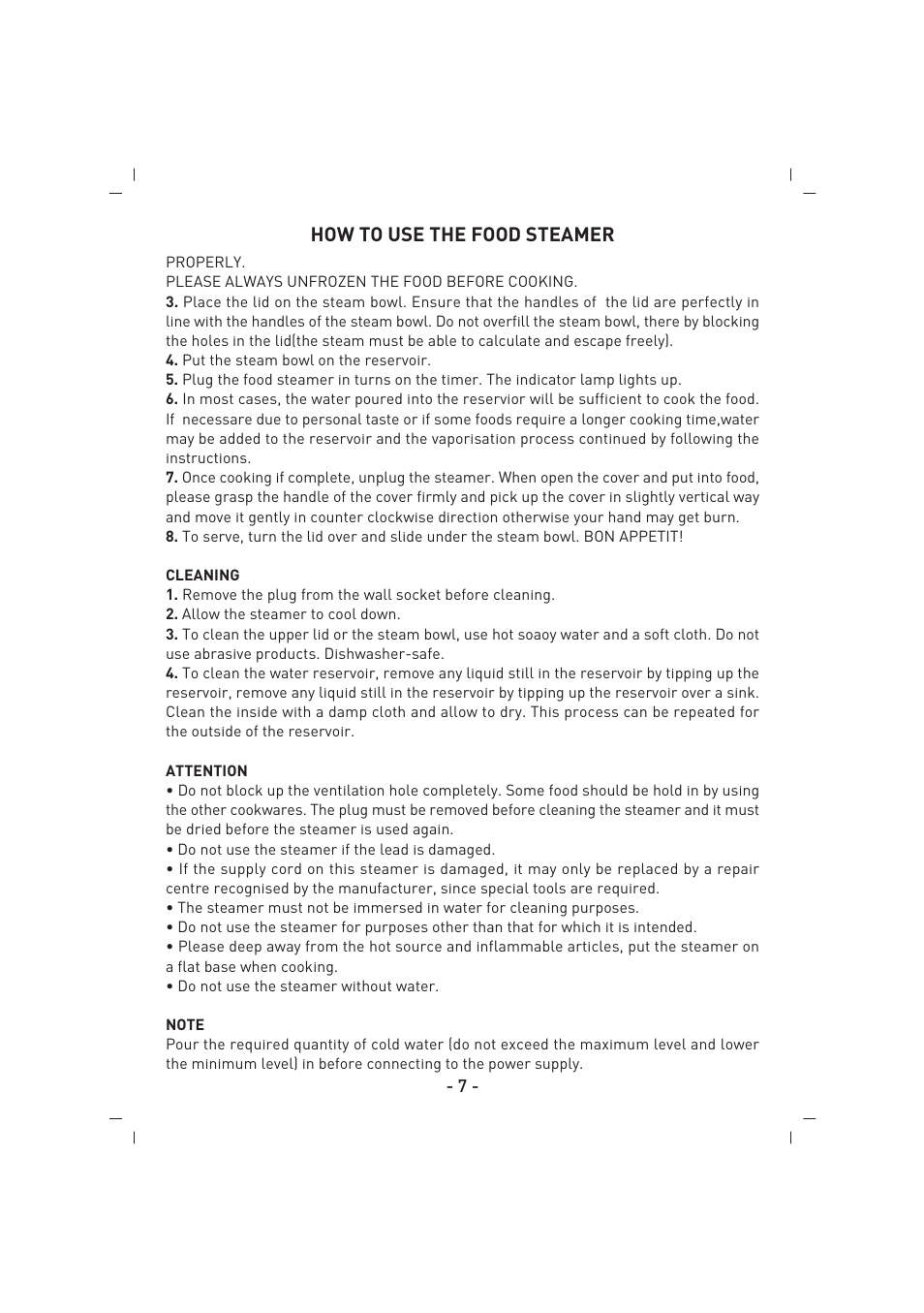 How to use the food steamer | SINBO SFS 5702 User Manual | Page 8 / 35