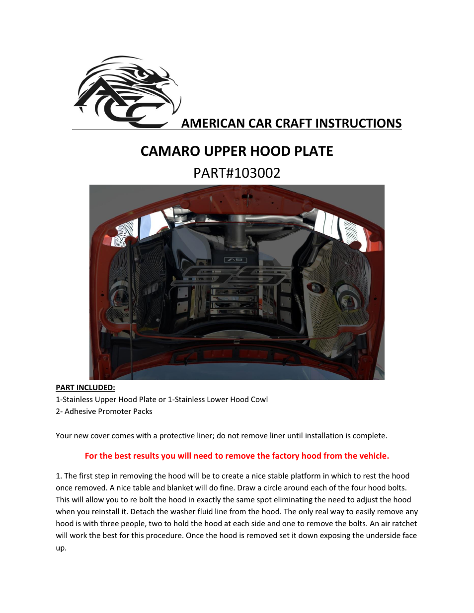 American Car Craft Camaro Upper Hood Plate Polished 2010-2013 User Manual | 2 pages