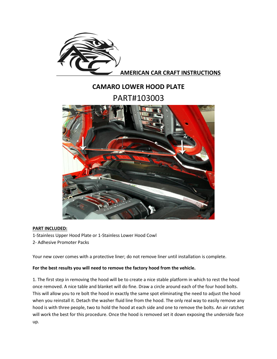 American Car Craft Camaro Lower Hood Plate Polished 2010-2012 User Manual | 2 pages