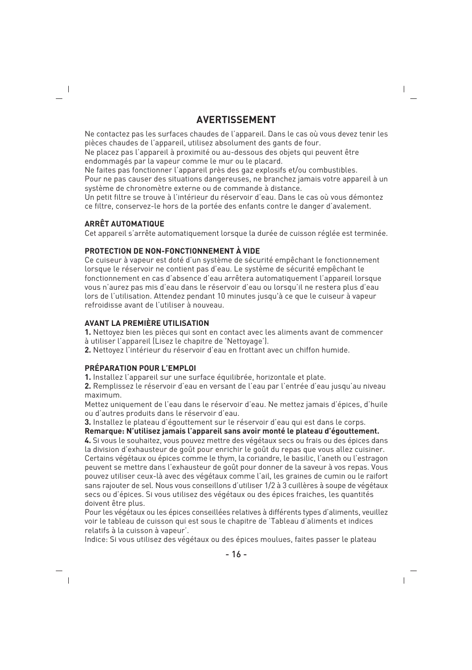 Avertissement | SINBO SFS 5704 User Manual | Page 17 / 54