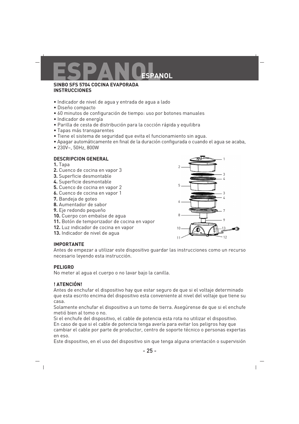 Espanol | SINBO SFS 5704 User Manual | Page 26 / 54