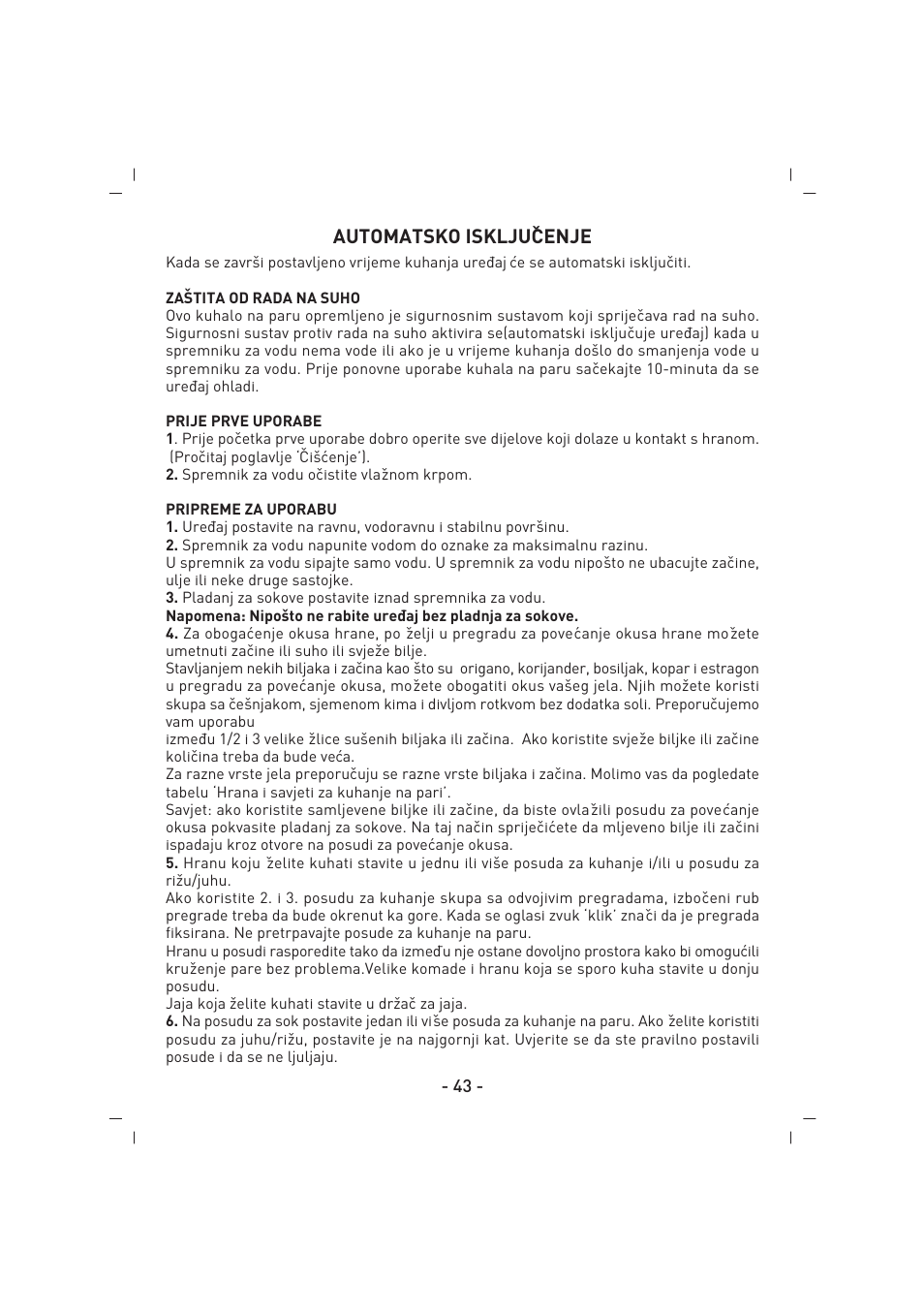 Automatsko iskljuˇcenje | SINBO SFS 5704 User Manual | Page 44 / 54