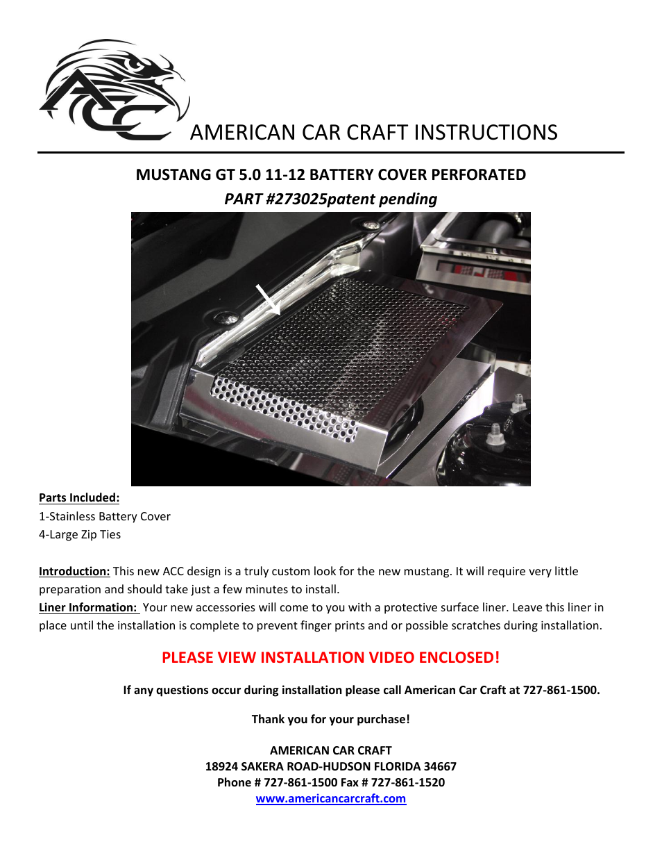 American Car Craft Mustang Battery Cover Perforated V8 & GT 5.0 2011-20132 User Manual | 1 page