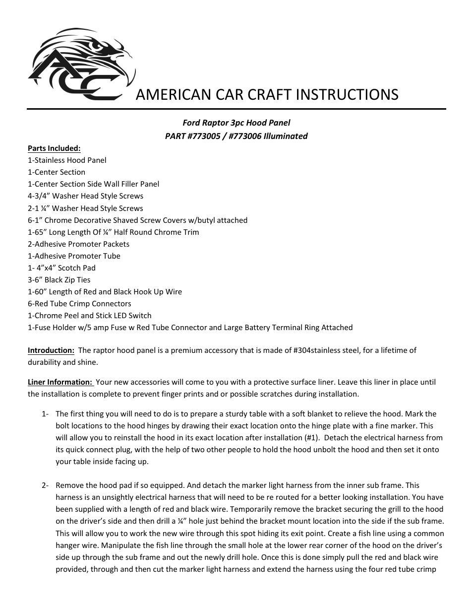 American Car Craft Ford Raptor Hood Panel Perforated Illuminated 2010-2013 User Manual | 5 pages