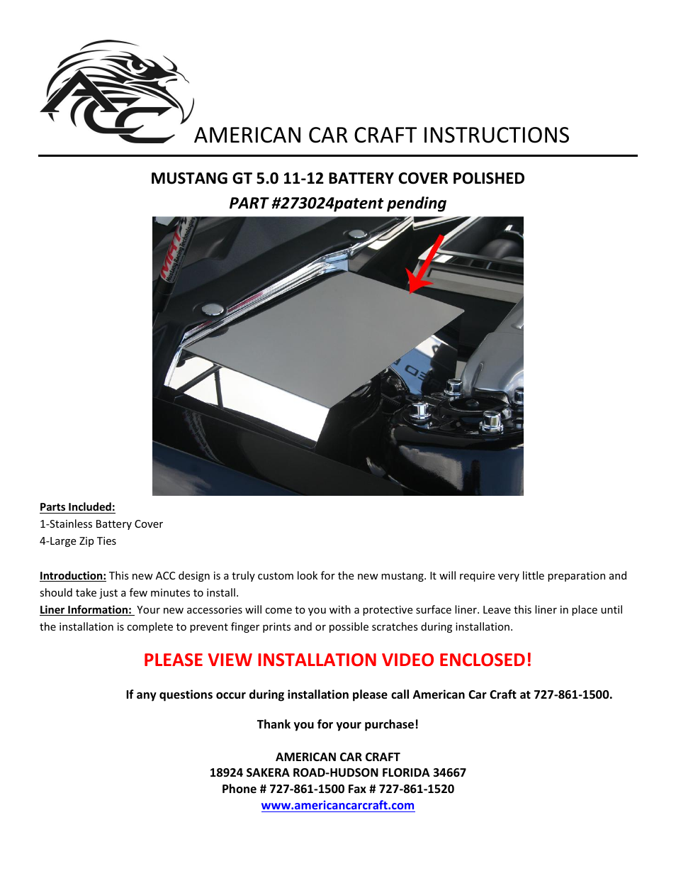 American Car Craft Mustang Battery Cover V8 & GT 5.0 2011-2012 User Manual | 1 page