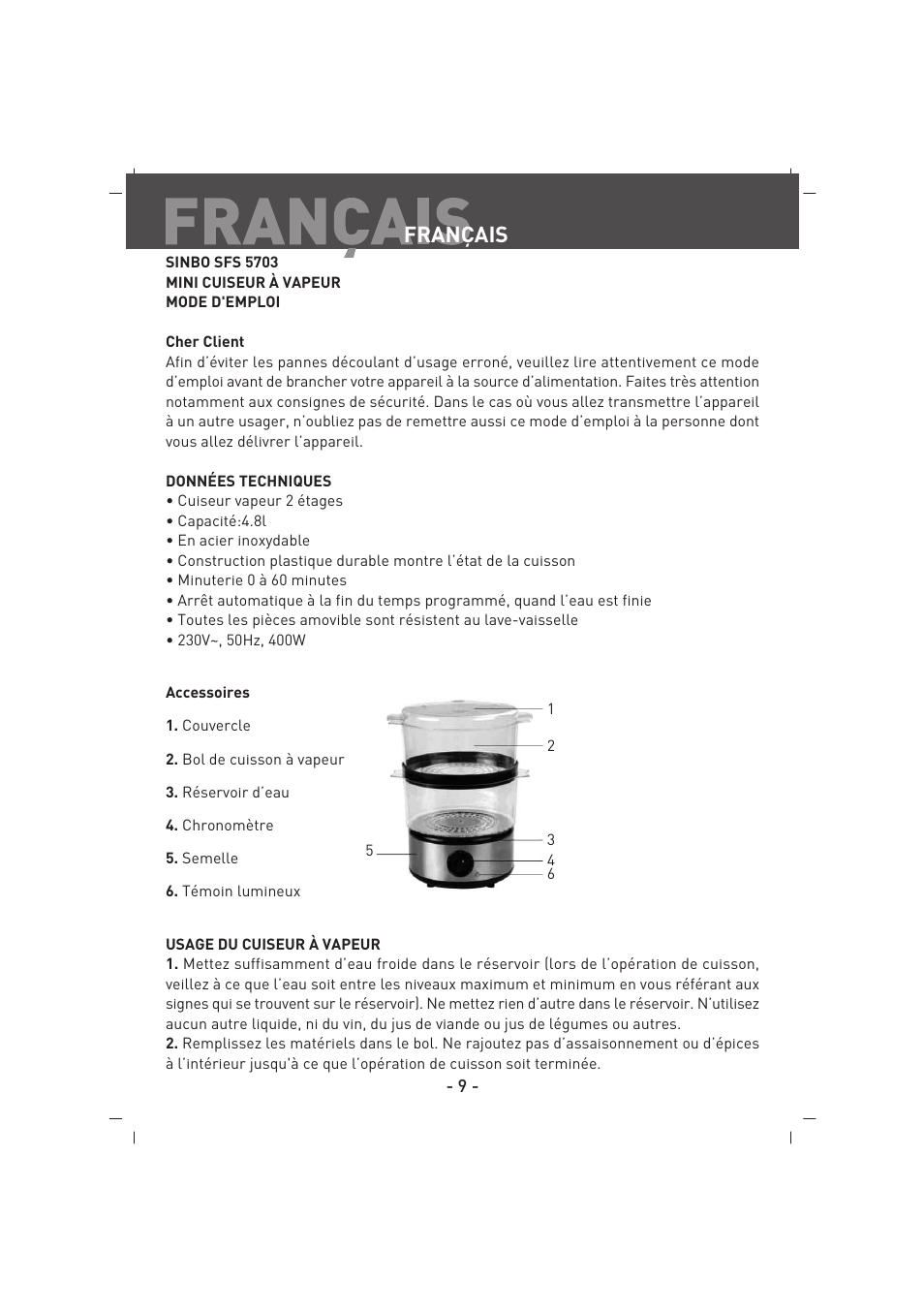 Français | SINBO SFS 5703 User Manual | Page 10 / 35