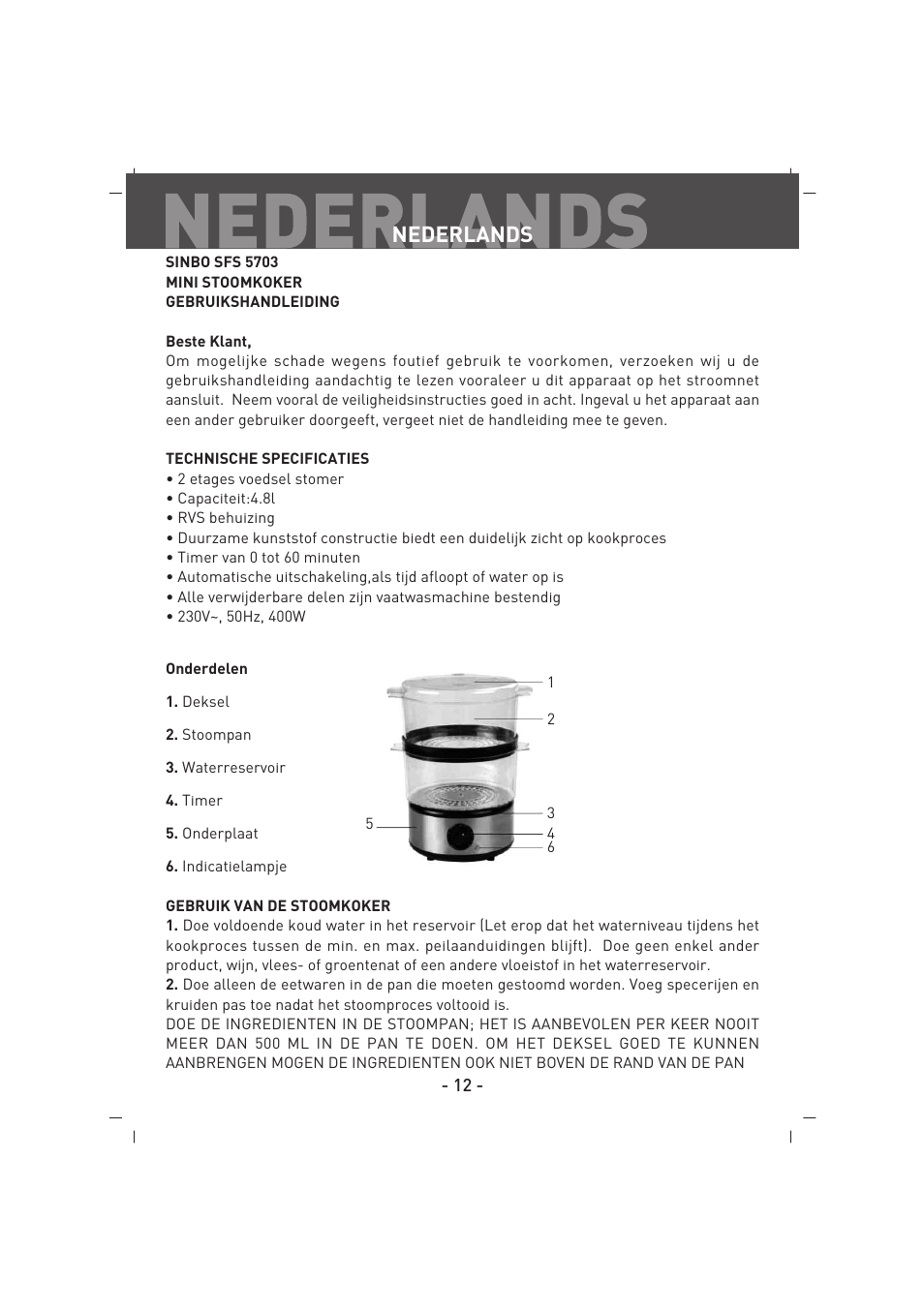 Nederlands | SINBO SFS 5703 User Manual | Page 13 / 35