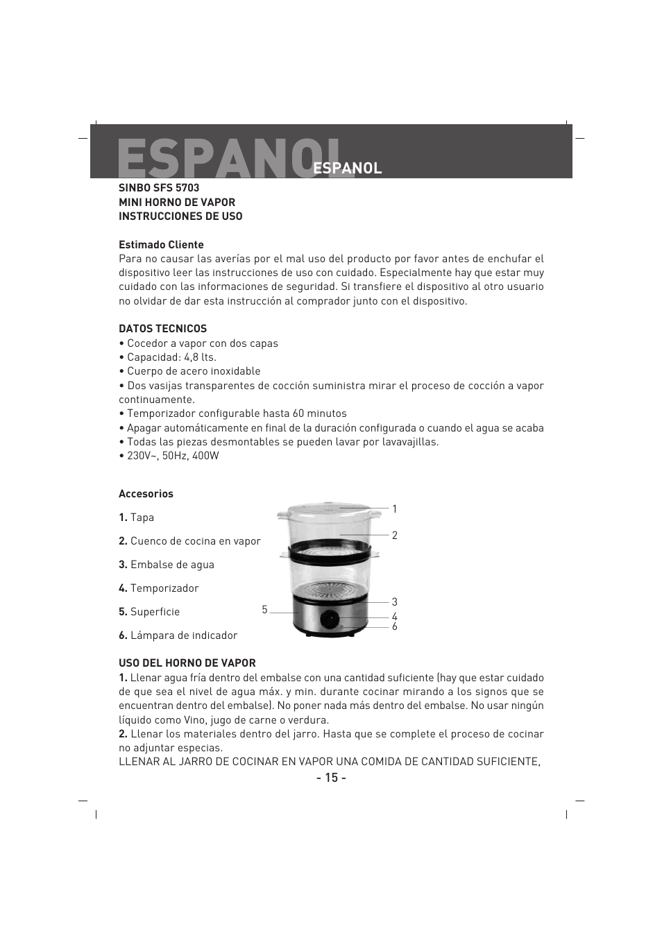 Espanol | SINBO SFS 5703 User Manual | Page 16 / 35