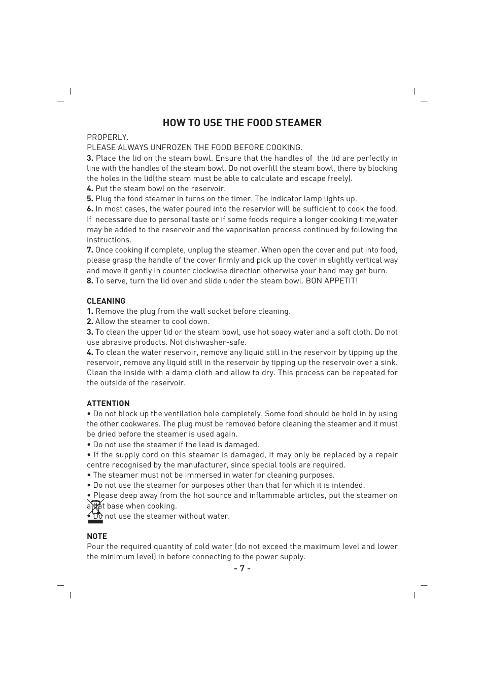 How to use the food steamer | SINBO SFS 5703 User Manual | Page 8 / 35