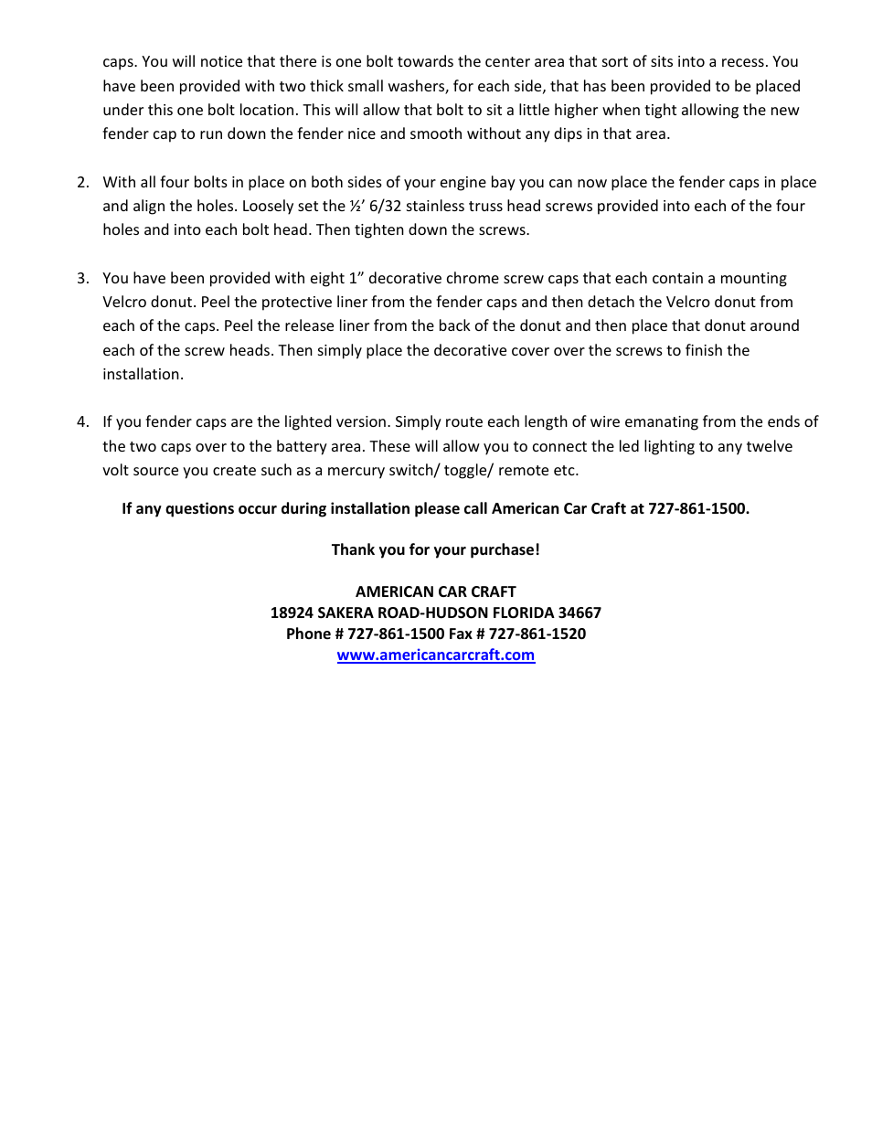 American Car Craft Mustang Fender Top Caps Polished V8 & GT 5.0 2011-2012 User Manual | Page 2 / 2