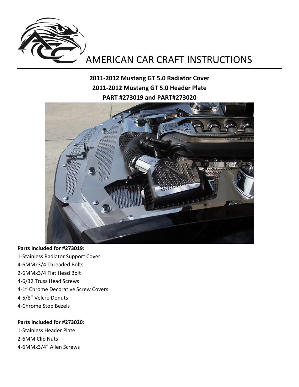 American Car Craft Mustang Front Header Plate Perforated V8 & GT 5.0 2011-2012 User Manual | 3 pages