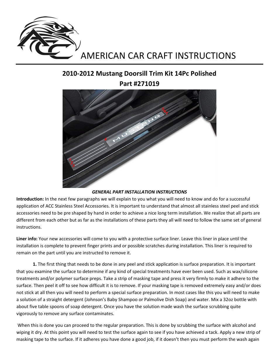 American Car Craft Mustang Doorsill Trim Kit 14Pc Polished 2010-2012 User Manual | 2 pages