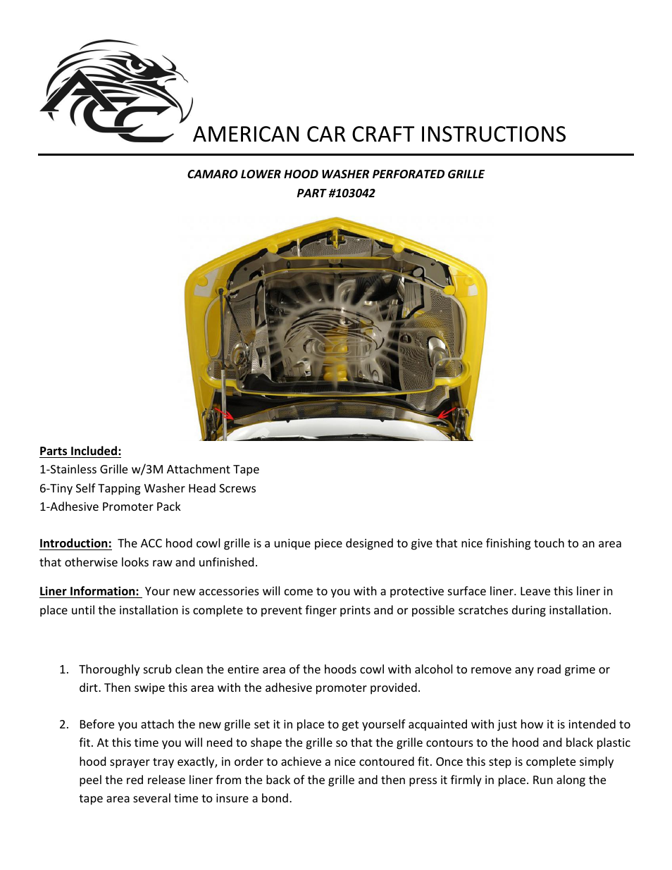 American Car Craft Camaro Hood Washer Perforated Lower Grille 2010-2013 User Manual | 2 pages