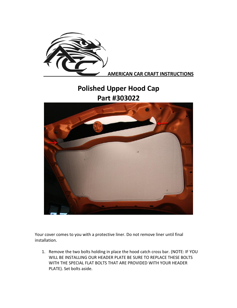 American Car Craft Chrysler 300 _ Dodge Charger_Magnum Upper Hood Cap Polished 2005-2010 User Manual | 2 pages