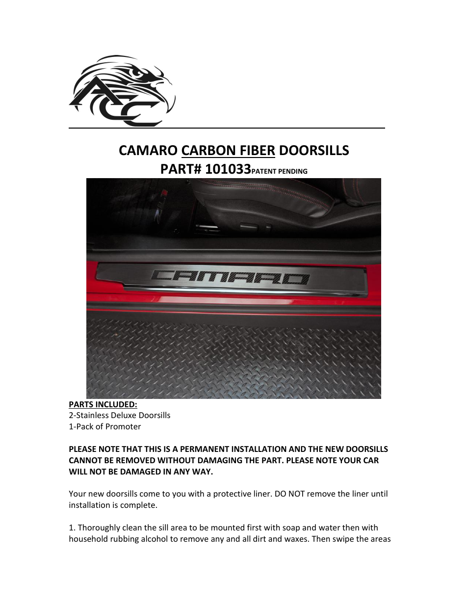 American Car Craft Camaro Doorsills Executive Series Brushed_Polished with Carbon Fiber "Camaro Inlay 2Pc 2010-2013" User Manual | 2 pages