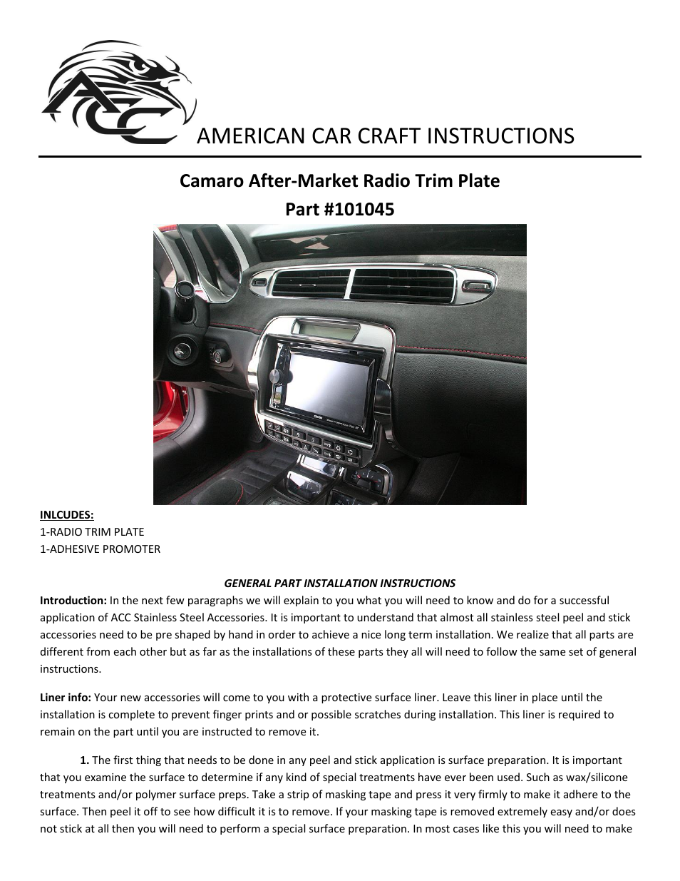 American Car Craft Camaro Radio Trim Plate Brushed_Polished After-Market Radio 2010-2013 User Manual | 2 pages