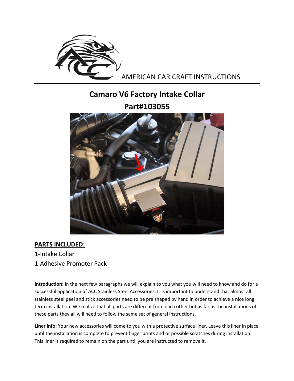 American Car Craft Camaro Filter Box Collar Polished OEM V6 only 2010-2013 User Manual | 2 pages