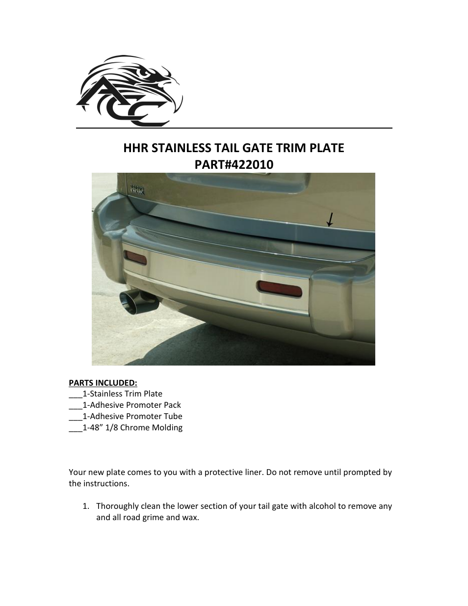 American Car Craft HHR Lower Tailgate Trim Polished 2006-2012 User Manual | 2 pages