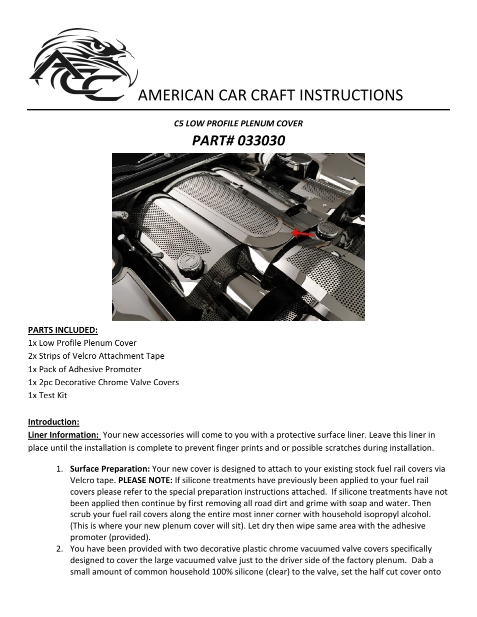 American Car Craft Corvette Plenum Cover Low Profile Perforated 1997-2004 C5 & Z06 User Manual | 2 pages