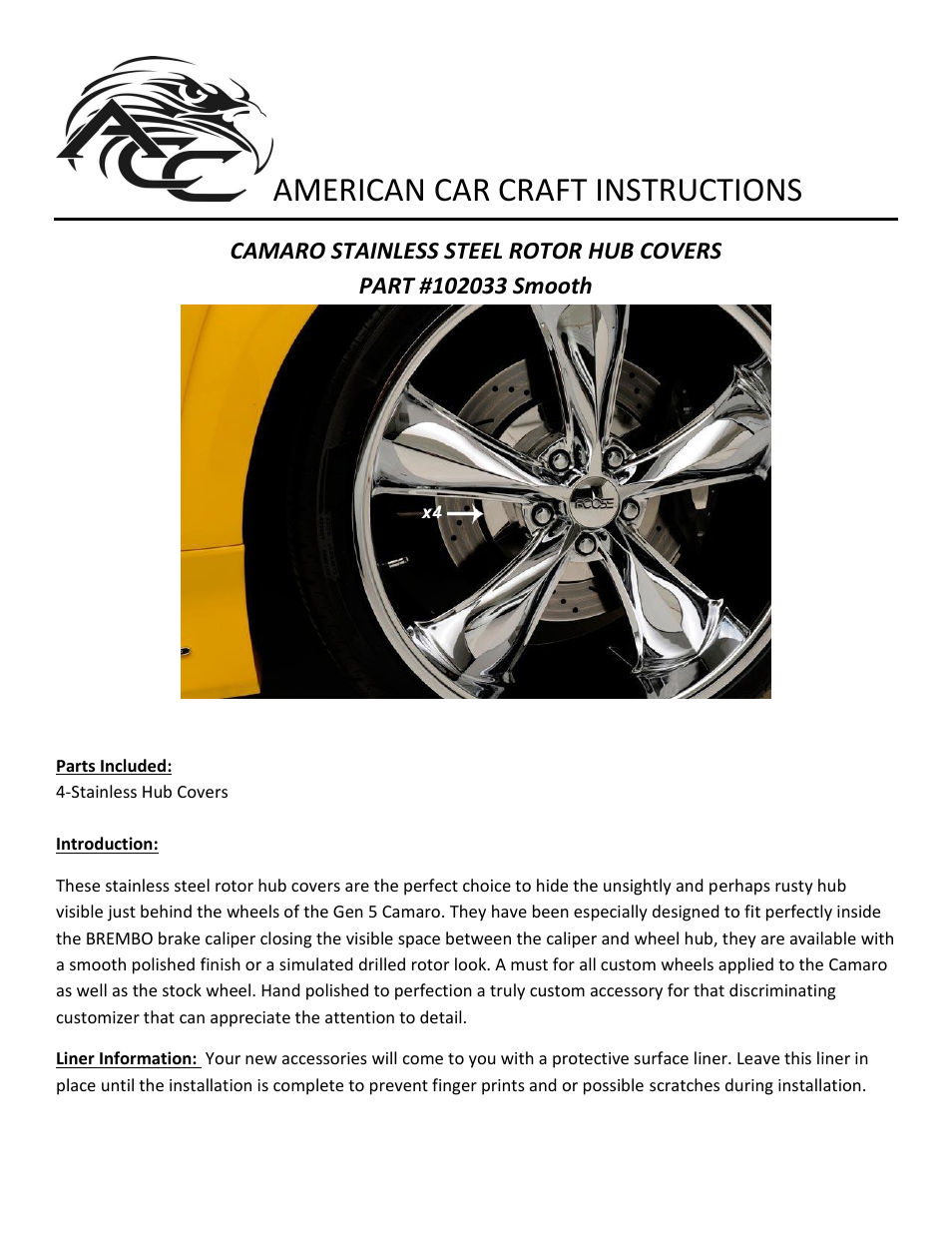 American Car Craft Camaro Wheel Rotors 4pc Smooth Polished 2010-2013 User Manual | 2 pages