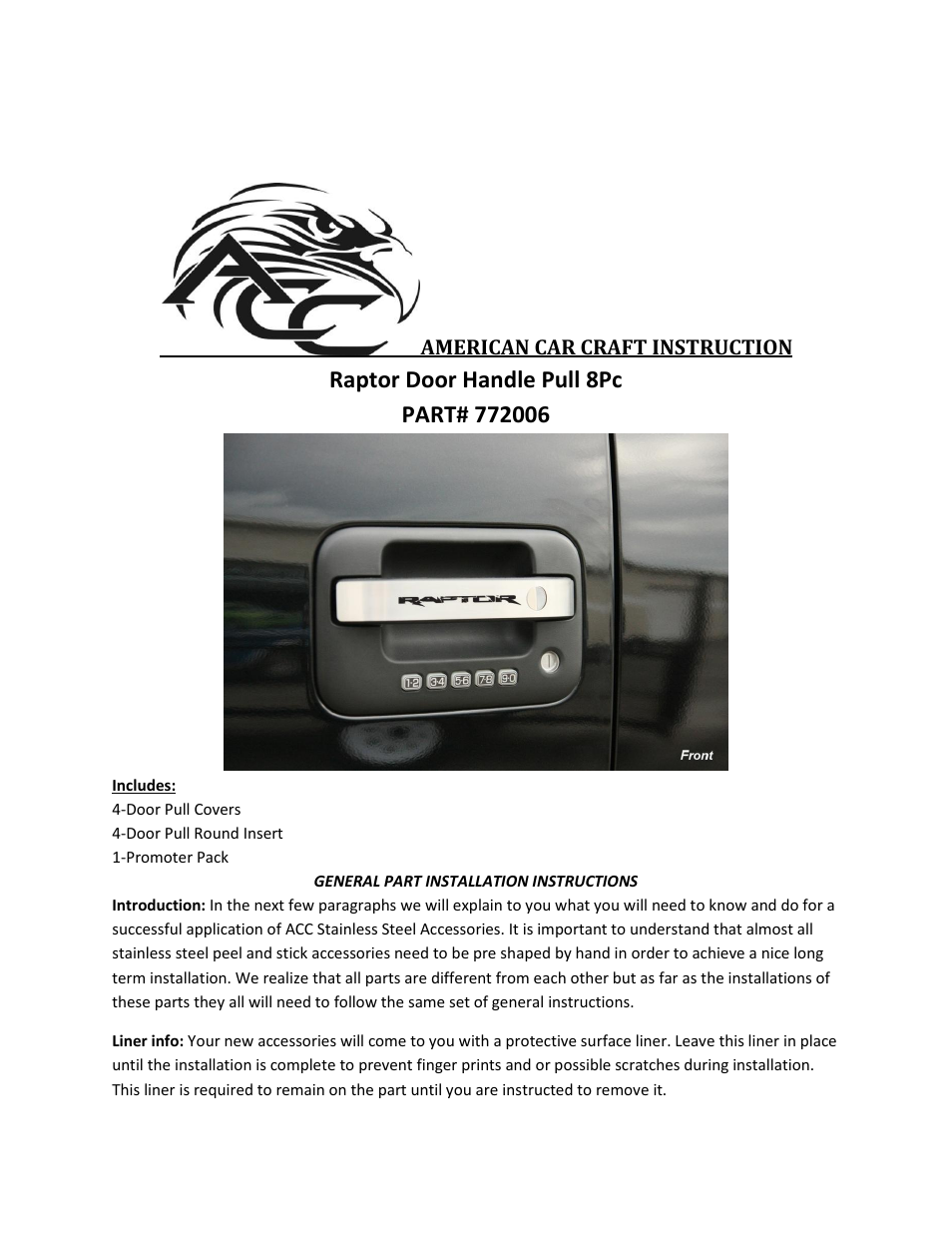 American Car Craft Ford Raptor Door Handle Pulls Brushed 8Pc 2010-2013 User Manual | 2 pages