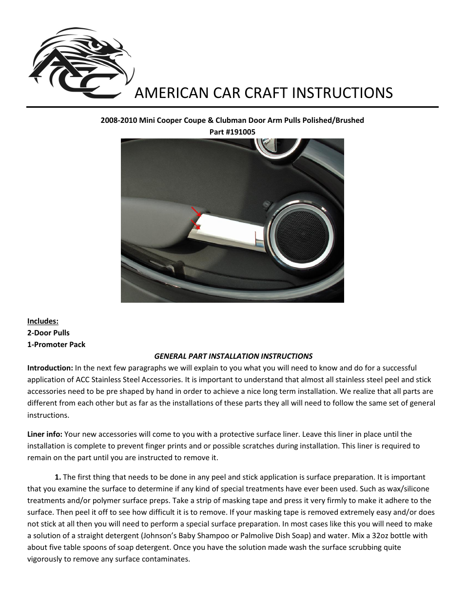 American Car Craft Mini Cooper Coupe & Clubman Door Arm Pulls Polished_Brushed 2008-2010 User Manual | 2 pages