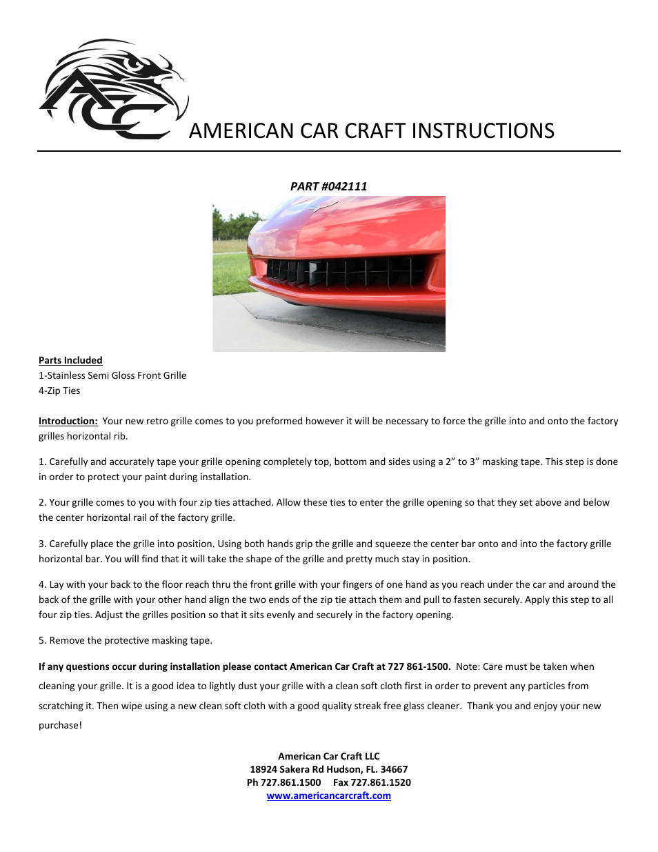 American Car Craft Corvette Grille Retro Style Front Blakk Stealth 2005-2013 C6 only User Manual | 1 page